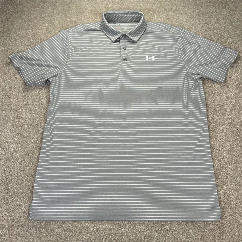 Under Armour Mens Large Polo Shirt Grey Striped HeatGear Loose Fit Athletic Golf
